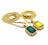 Micro Yellow & Faux Emerald Stone Pendant Set 2mm 24" & 30" Box Chain Necklace in Gold-Tone