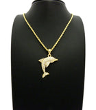 Stone Stud Diving Dolphin Pendant w/ Chain Necklace, Gold-Tone