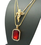Micro Faux Ruby & Pave Floating Angel Pendant 2mm 24" 30" Box Chain Necklace Set - Gold-Tone