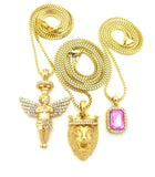 Pink Stone, Halo Angel & King Lion Pendant Set w/ Multi Length Box Chains in Gold-Tone