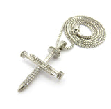 Studded Allover 3 Cross Nail Pendant w/ 2mm 24" Box Chain Necklace in Silver-Tone