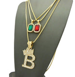 Dual Colored Gemstone with Tilted Crown on Initial B Pendant Set w/ Chain Necklace