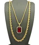 Colored Gemstone Pendant with 3mm 24" Rope Chain and 6mm 30" Rope Chain Necklace in Gold-Tone