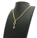 Stone Stud Lever Lock Key Micro Pendant w/3mm 24" Cuban Chain Necklace