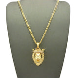Stone Stud Crown King Lion Pendant w/ 3mm 24" Concave Cuban Chain Necklace in Gold-Tone