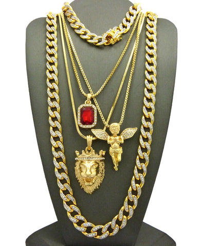 Ruby Red Stone, Praying Angel, King Lion Pendant w/ Gold Plated Cubic Zirconia Stone Chain & Bracelet Set