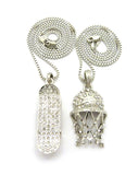 Stone Stud Basketball Net & Skateboard Pendant Set w/ 2mm 24" & 30" Box Chain Necklaces