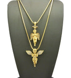 Stone Stud Extended Wing Praying Angel Set w/ 24" & 30" Gold-Tone Box Chain Necklaces