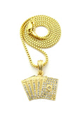 Stone Stud Royal Flush Poker Hand Micro Pendant w/ Chain Necklace