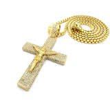 Cross Pendant w/ 36" Chain Necklace - Box Chain, Paved Crucifix Jesus, Gold-Tone