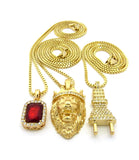 Ruby Red Stone, Power Plug & King Lion Pendant Set w/ Box Chain Necklaces in Gold-Tone