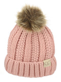 C.C Kids' Children's Cable Knit Faux Fuzzy Fur Pom Fleece Lined Cuff Beanie