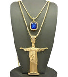 Colored Gemstone & Christ the Redeemer Pendant Set w/ 24" & 30" Box Chain Necklaces in Gold-Tone