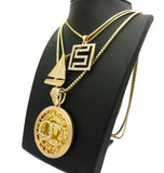 Stone Stud QC Initials, Sailboat & Maze Pendant Set w/ Box Chain Necklaces, Gold-Tone