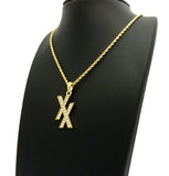 Stone Stud Double X Pendant w/ 2mm 24" Rope Chain Necklace
