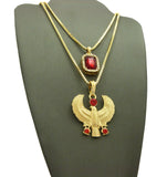 Ruby Red Stone & Ruby Red Round Gemstone Horus Falcon Pendant Set w/ Box Chains in Gold-Tone
