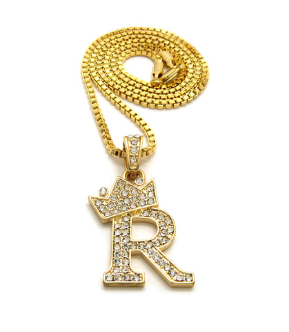 Unisex Stone Stud Tilted Crown Letter Initial Micro Pendant 2mm Box Chain Necklace, 20", R