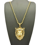 Stone Stud Crown King Lion Head Pendant w/ Chain Necklace