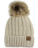 C.C Thick Cable Knit Faux Fuzzy Fur Pom Fleece Lined Skull Cap Cuff Beanie