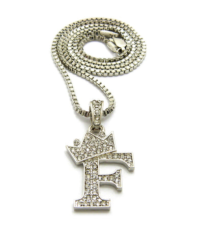 Unisex Stone Stud Tilted Crown Letter Initial Micro Pendant 2mm Box Chain Necklace, 20", F