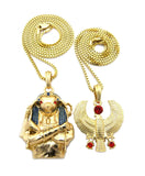 Round Red Gemstone Horus Bird & Horus Holding Crook & Flail Pendant Set w/ Box Chains in Gold-Tone