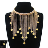 Women's Bohemian Dangling Coin Tassel Necklace and Ball Earring Set in Gold-Tone