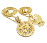 Polished Horus Falcon & Eye of Horus Stone Stud Medal Pendant Set 2mm Box Chain Necklaces in Gold-Tone