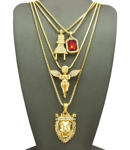 Ruby Red Stone, Power Plug, Extended Wing & King Lion Pendant Set w/ Chain Necklaces in Gold-Tone
