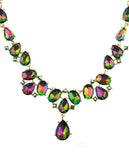 Hanging Teardrop Green Tint Aurora Borealis Stone Necklace and Dangling Earrings Set in Gold-Tone