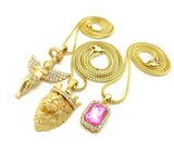 Pink Stone, Halo Angel & King Lion Pendant Set w/ Multi Length Box Chains in Gold-Tone