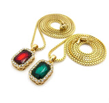 Micro Faux Ruby & Faux Emerald Stone Pendant Set 2mm 24" & 30" Box Chain Necklace in Gold-Tone
