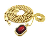 Ruby Red Gemstone Pendant with 2mm 24" Box Chain and 10mm 30" Cuban Chain Necklace in Gold-Tone