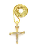 Studded Allover 3 Cross Nail Pendant w/ 2mm 24" Box Chain Necklace in Gold-Tone