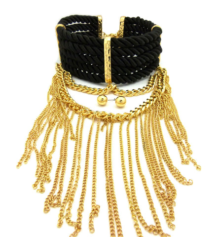 Women's Rope Collar Choker Dangling Tassel Necklace and Ball Earring Set in Gold-Tone