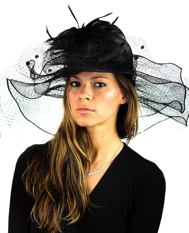 NYFASHION101 Wavy Wide Brim Veil & Feather Kentucky Derby Sinamay Hat