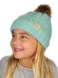 C.C Kids' Children's Cable Knit Faux Fuzzy Fur Pom Fleece Lined Cuff Beanie
