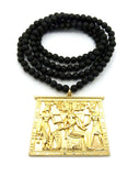 Gold-Tone Egyptian Hieroglyphic Tablet with 6mm 30" Wood Bead Necklace