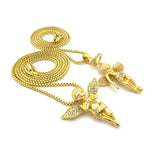 Stone Stud Extended Wing Praying Angel Set w/ 24" & 30" Gold-Tone Box Chain Necklaces