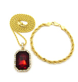 Faux Ruby Stone Pendant 2mm 24" Rope Chain Necklace & 5mm 8" Rope Chain Bracelet Set in Gold-Tone