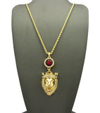 Round Faux Ruby Stone & King Lion Pendant Set on 2mm 24" Rope Chain Necklace in Gold-Tone