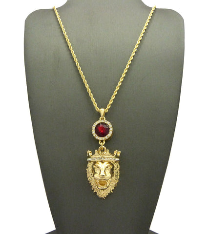Round Faux Ruby Stone & King Lion Pendant Set on 2mm 24" Rope Chain Necklace in Gold-Tone