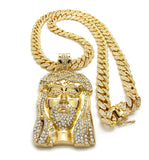 Stone Stud Jesus Face Pendant with 12mm 30" Iced Out Cuban Chain Necklace in Gold-Tone