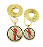 Black Stone Border Rapper Music Video Monster Logo Pendant Set w/ 2mm Box Chain Necklaces in Gold-Tone