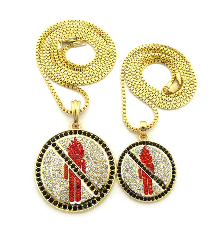 Black Stone Border Rapper Music Video Monster Logo Pendant Set w/ 2mm Box Chain Necklaces in Gold-Tone