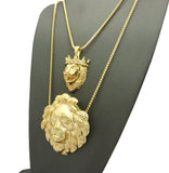 Stone Stud Crown Lion & Fierce Lion Head Pendant Set w/ 2mm 24" & 30" Box Chain Necklaces in Gold-Tone