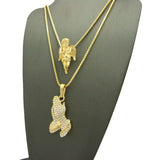 Polished Praying Angel & Stone Stud Praying Hands Pendant Set w/ 2mm Box Chains in Gold-Tone