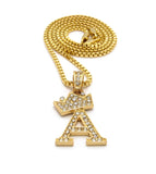 Unisex Stone Stud Tilted Crown Letter Initial Micro Pendant 2mm Box Chain Necklace, 20", A
