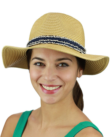 C.C Women's Paper Woven Panama Sun Beach Hat with Navy Fuzzy Band, Natural
