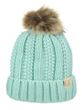 C.C Kids' Children's Cable Knit Faux Fuzzy Fur Pom Fleece Lined Cuff Beanie