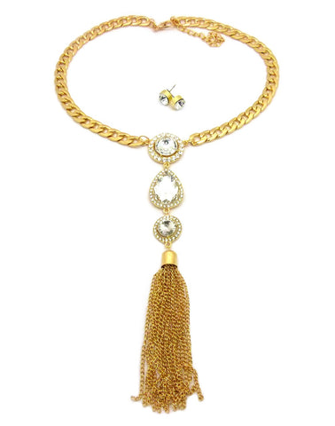 Women's Bohemian Dangling Multi Gemstone Tassel Necklace and Ball Earring Set in Gold-Tone